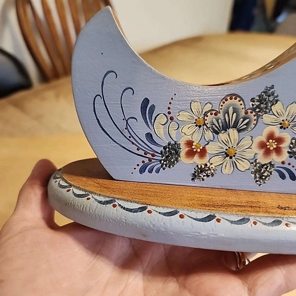 Vtg Blue Bird Hand Painted Wood  Candlestick Holder Floral Artist Signed Cottage